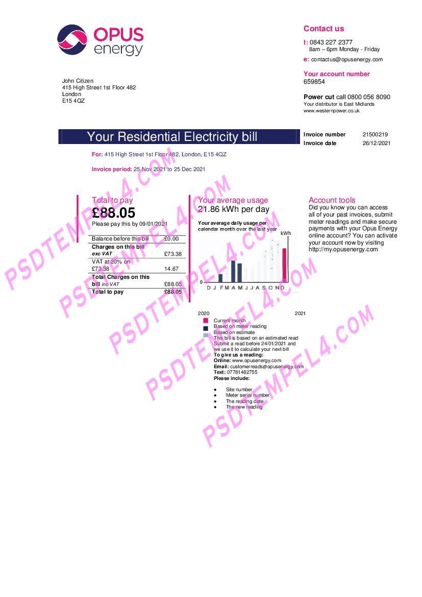 UK United Kingdom Opus Energy electricity 2 pages utility bill