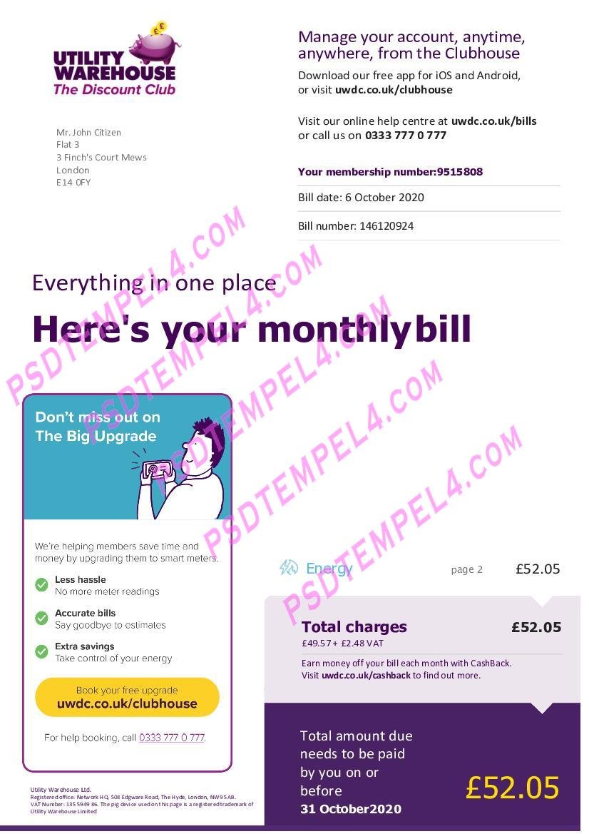 UK united kingdom utility warehouse utility bill 6pages