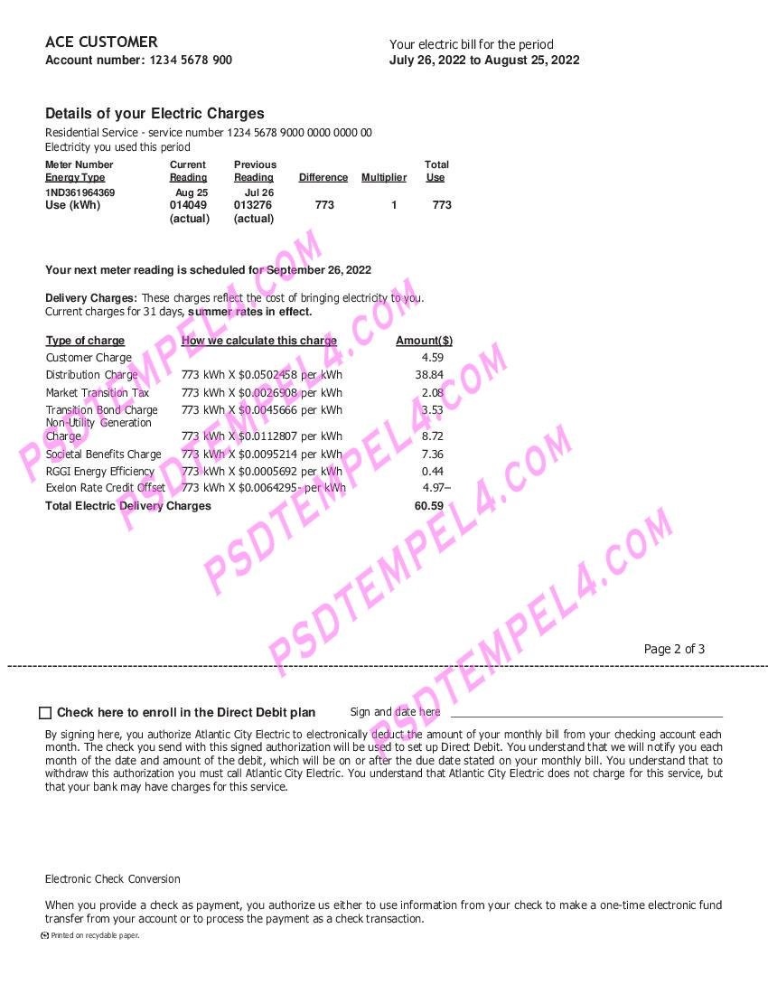 USA New Jersey Atlantic city electric 3 pages utility bill