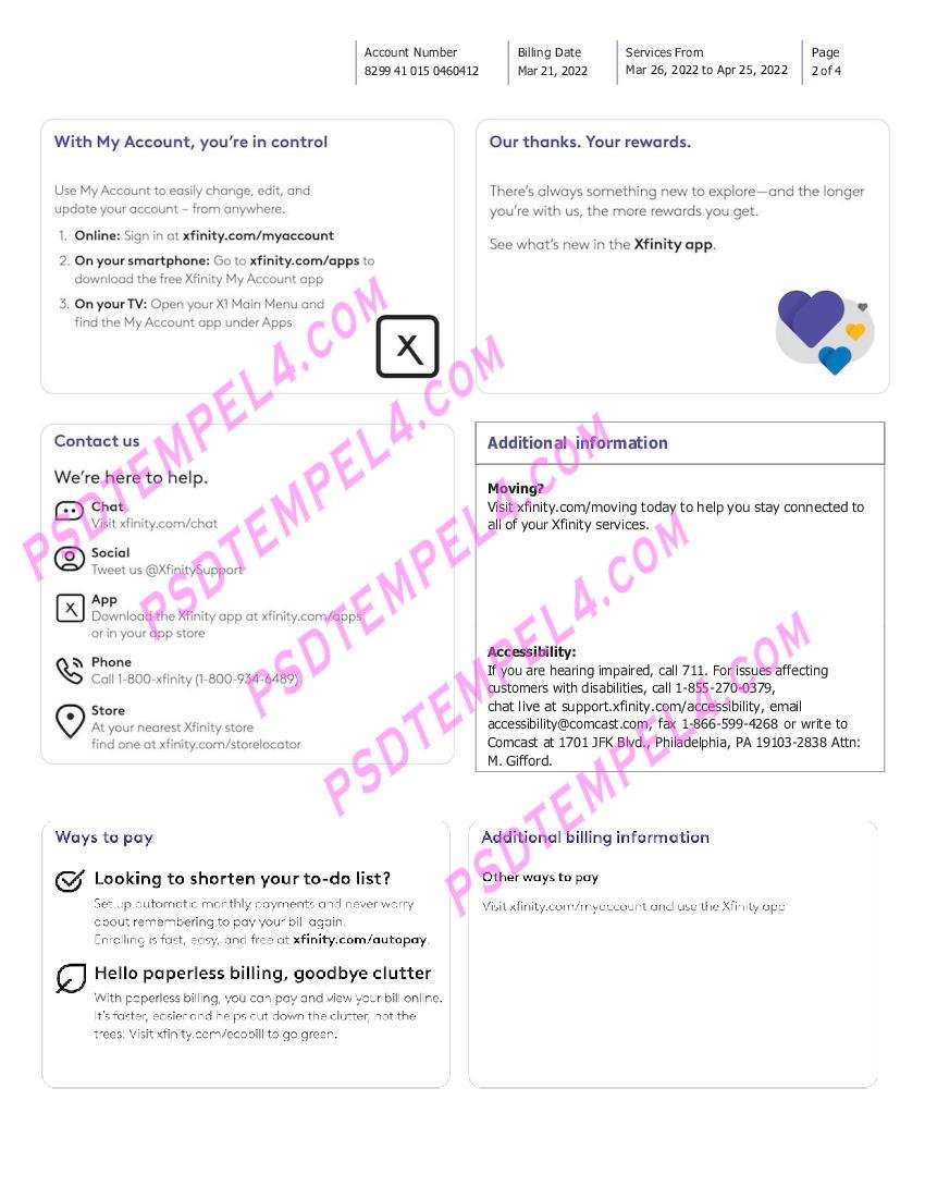 USA Philadelphia Xfinity 4 pages utility bill