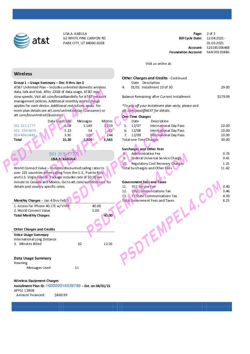 USA Texas AT&T telecommunications 2 pages utility bill V1