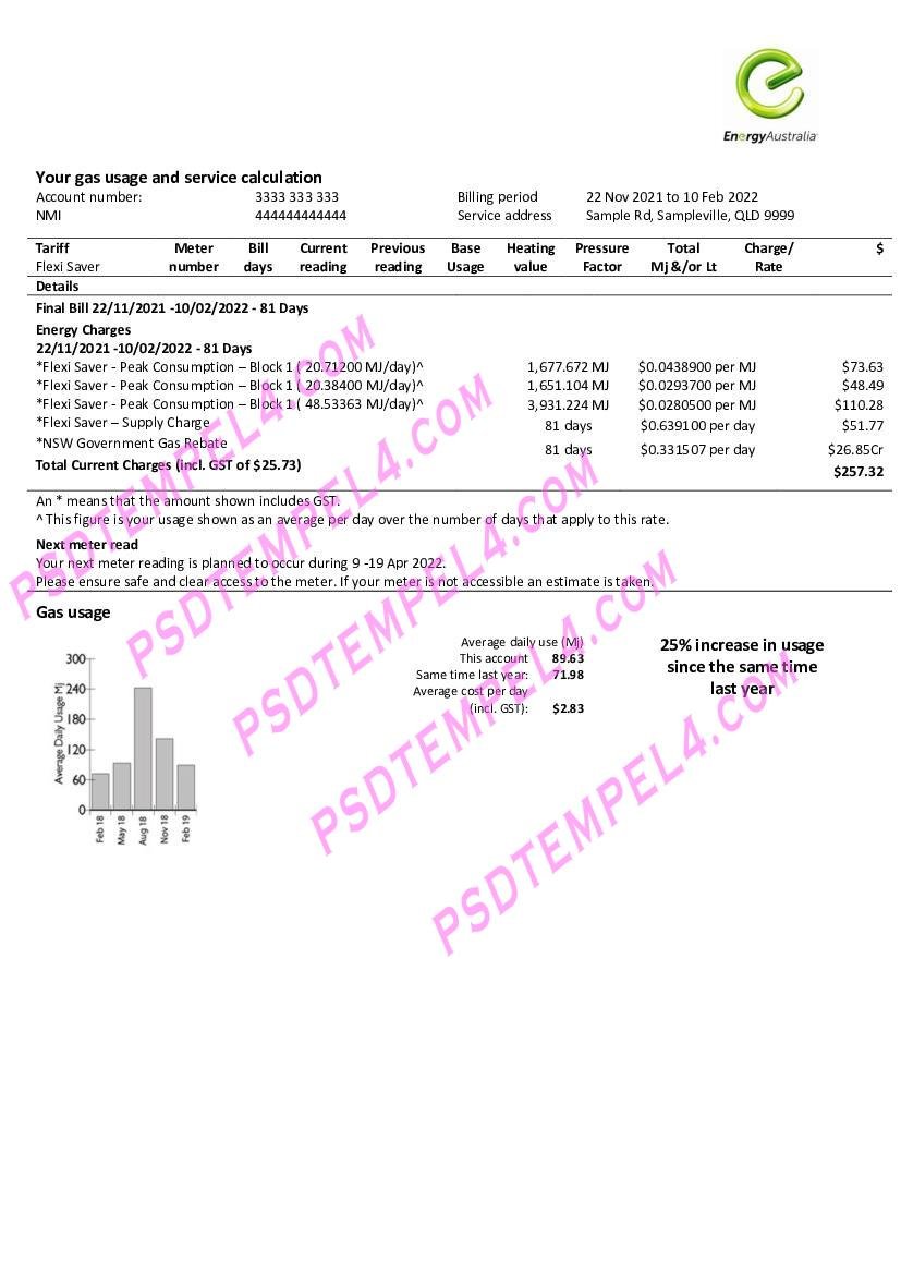 Australia Energy gas 3 pages utility bill