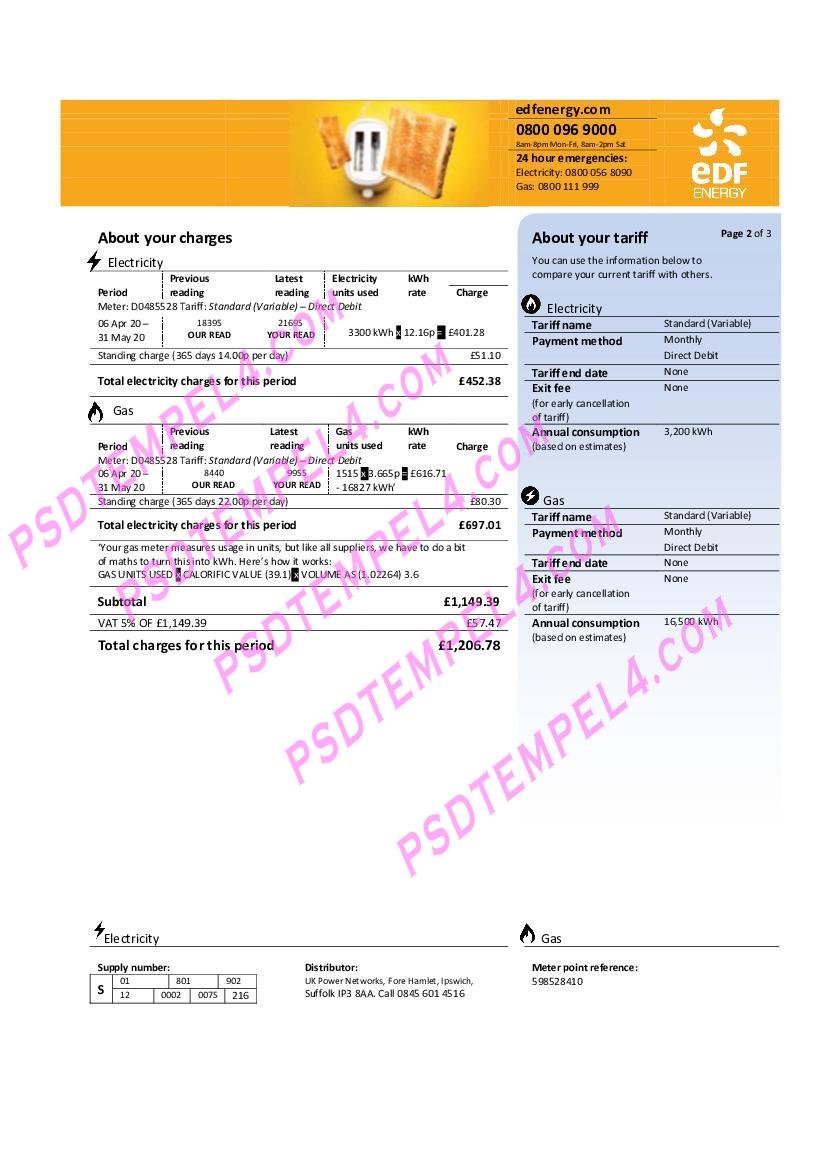 UK United Kingdom EDF utility bill 3pages - Image 3