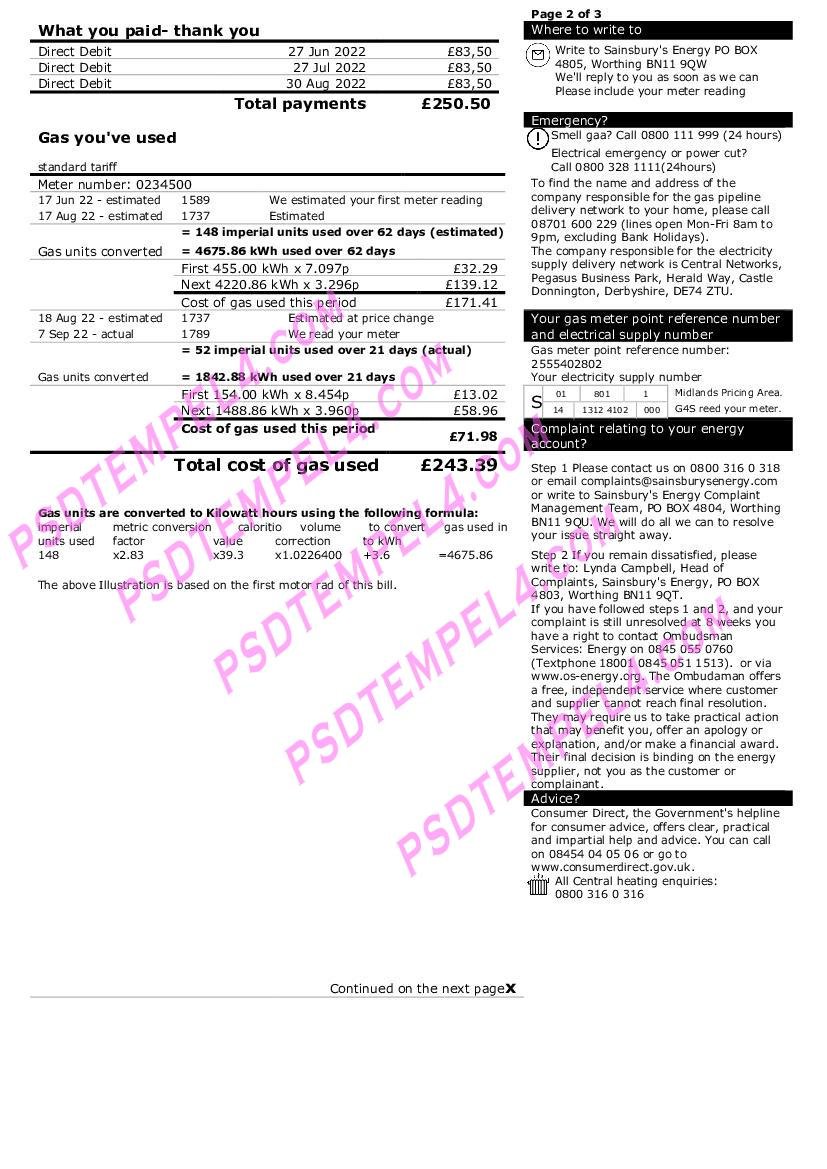UK United Kingdom Sainsbury’s Energy (British Gas) utility bill 3pages - Image 2