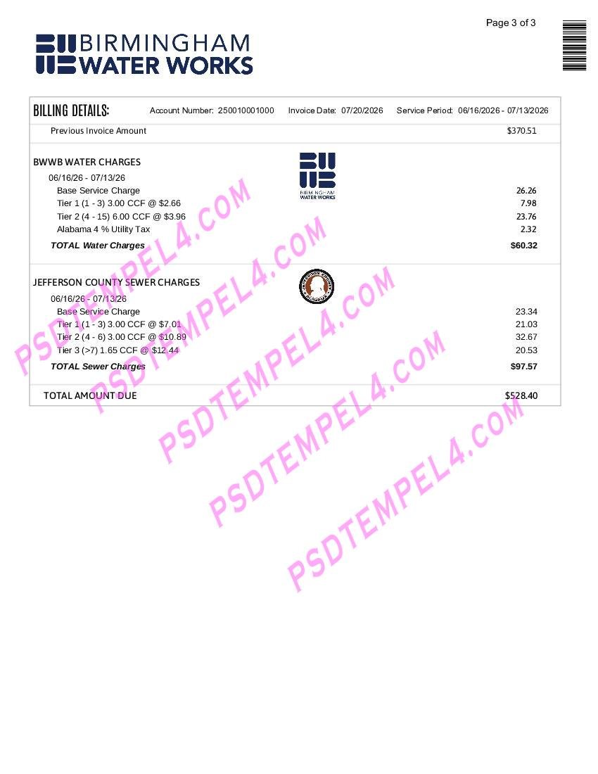 USA Alabama Birmingham Water Utility Bill 3Pages - Image 3