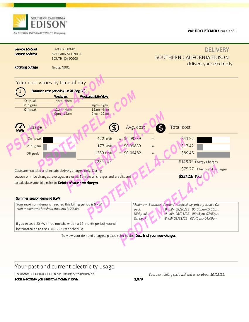 USA Southern California Edison 8 pages utility bill