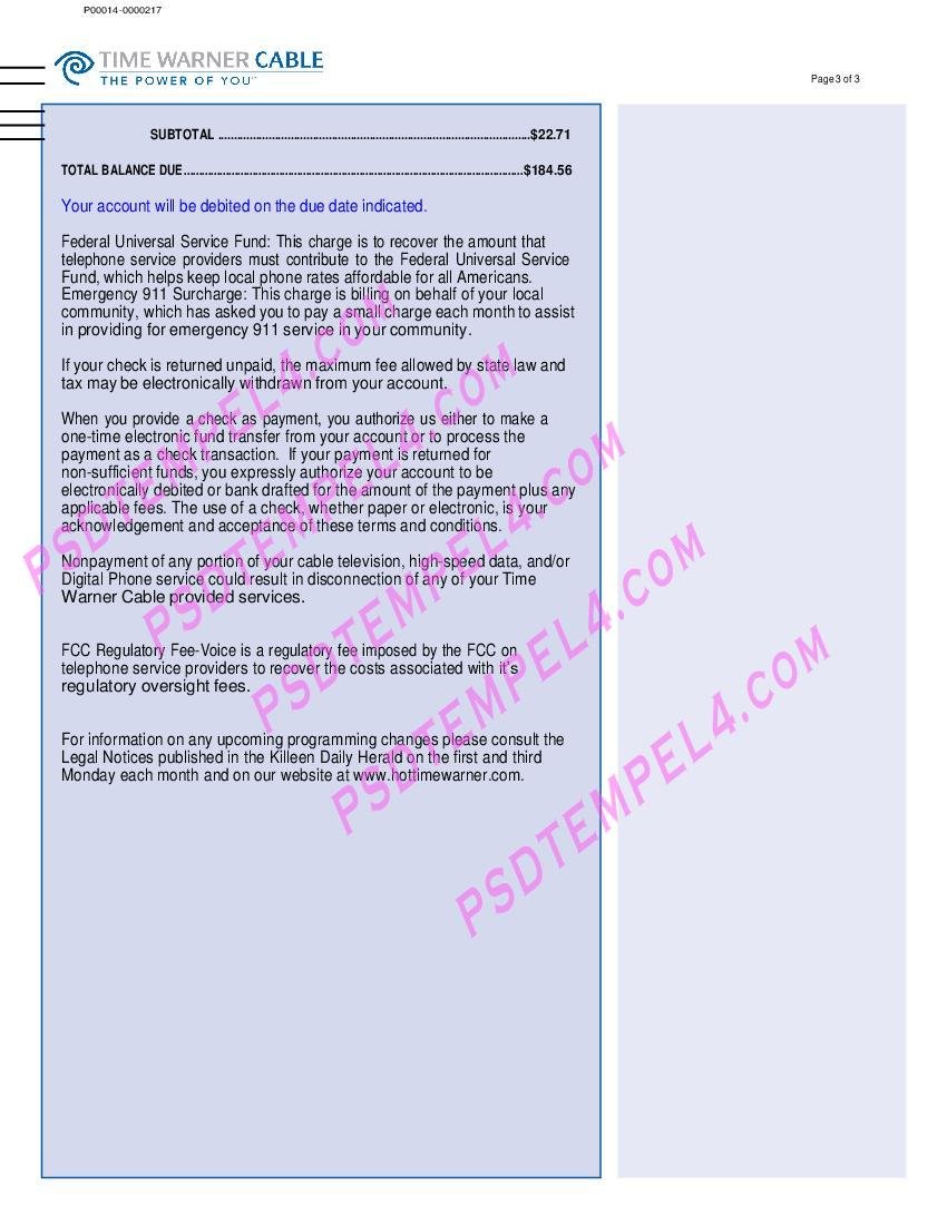USA Time Warner Cabel 3 pages utility bill