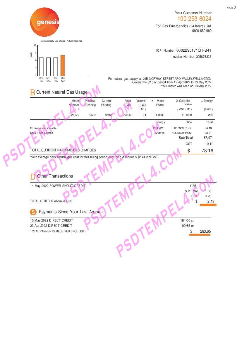New Zealand Genesis Gas 3 pages utility bill - Image 2