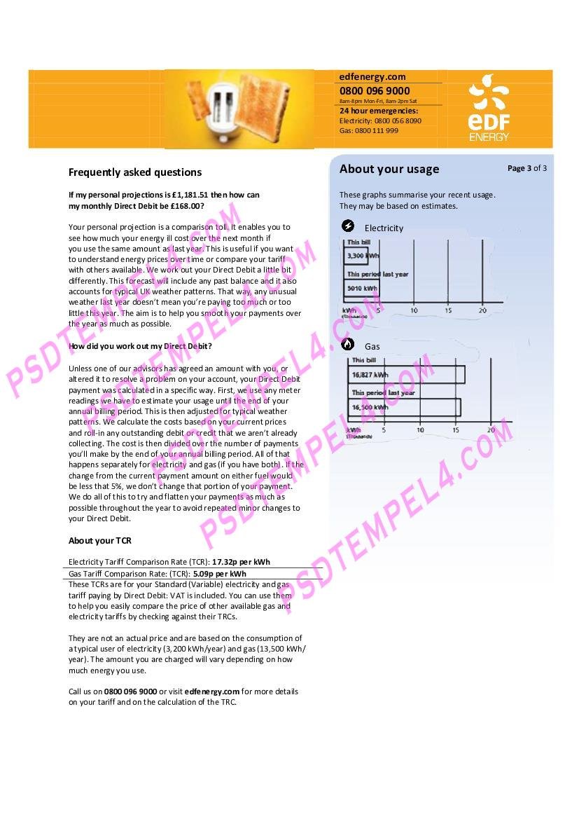 UK United Kingdom EDF utility bill 3pages - Image 2