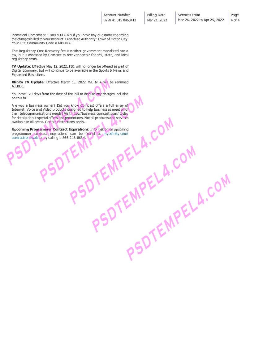 USA Philadelphia Xfinity 4 pages utility bill