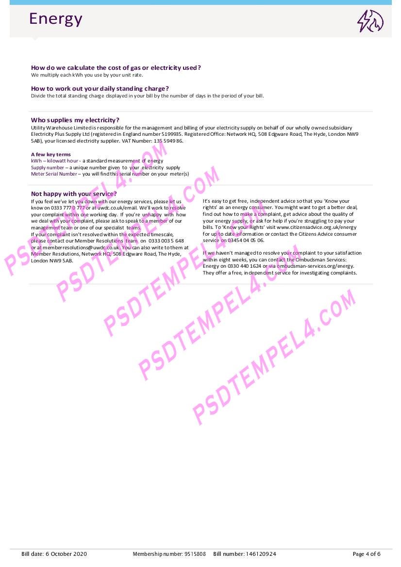 UK united kingdom utility warehouse utility bill 6pages - Image 5