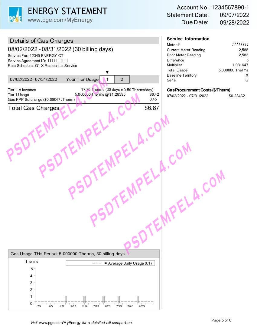 USA California PGE Pacific Gas and Electric Company 6 pages utility bill - Image 5