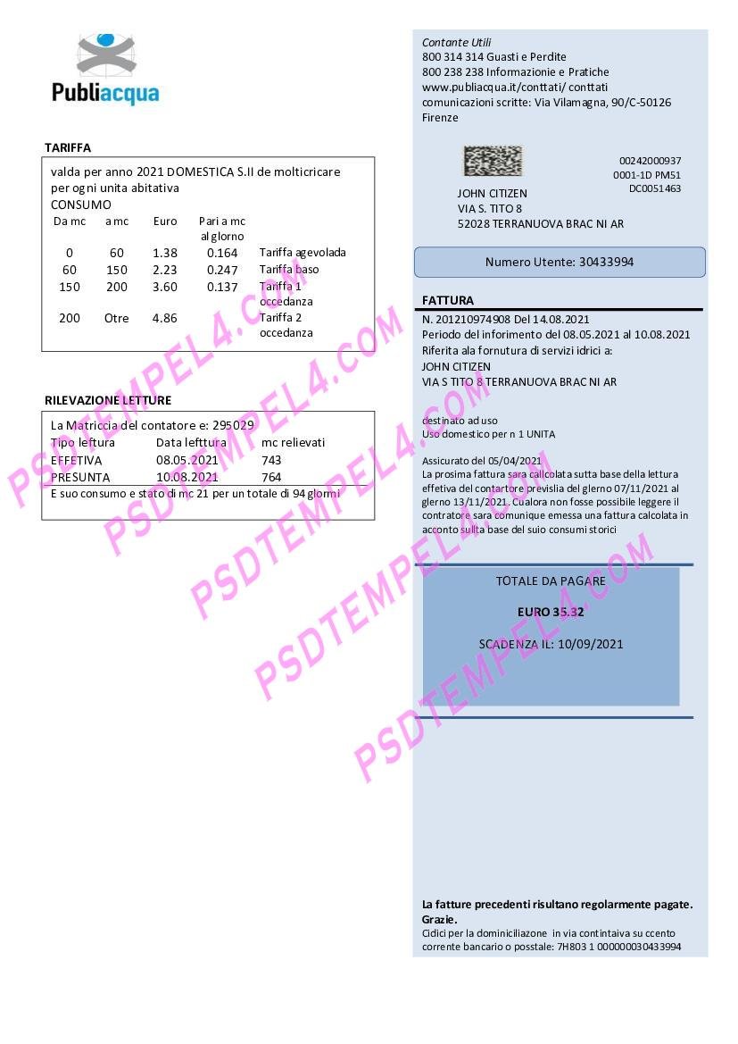 Italy Publiacqua utility bill
