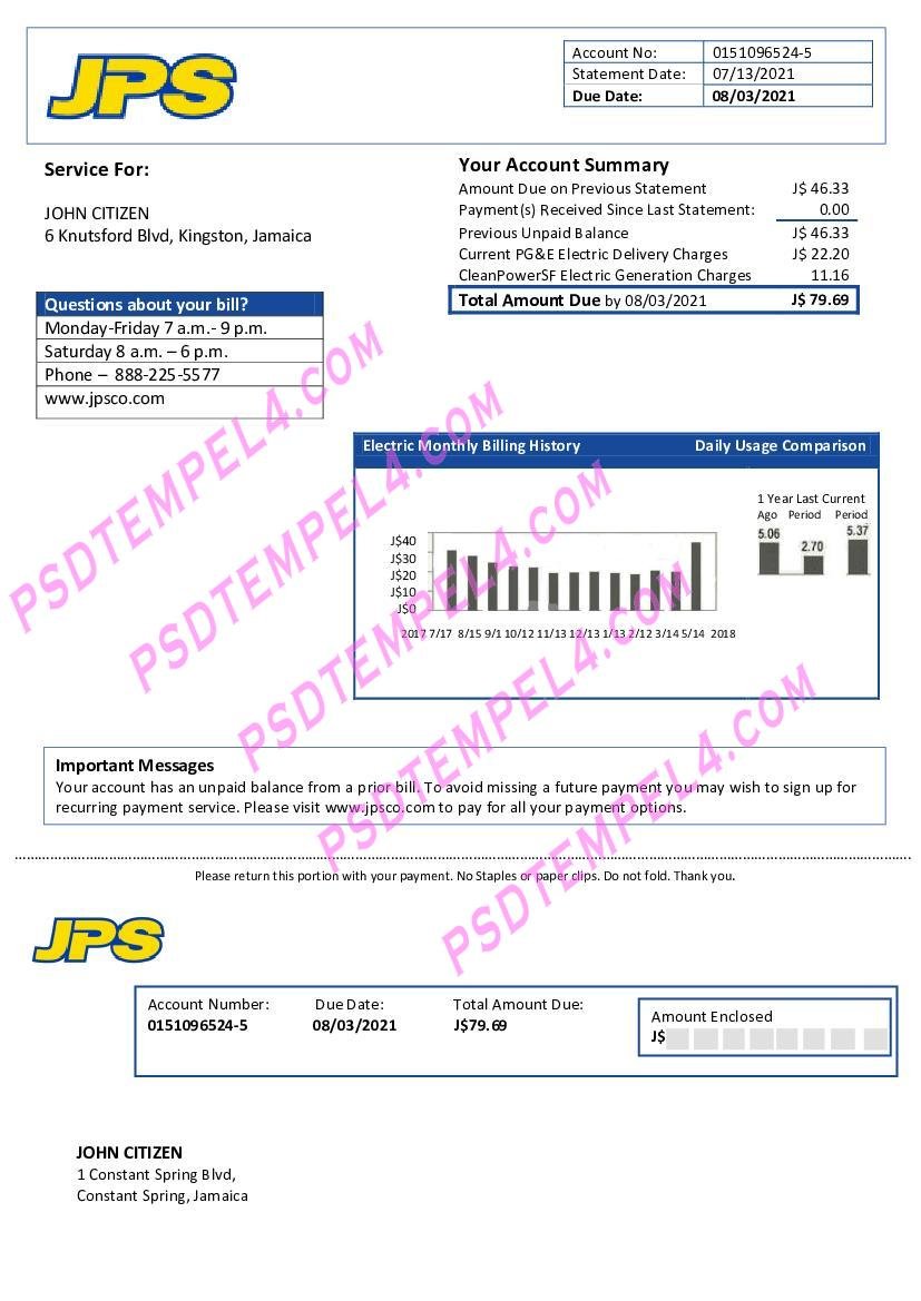 Jamaica Public Service JPS electricity utility bill