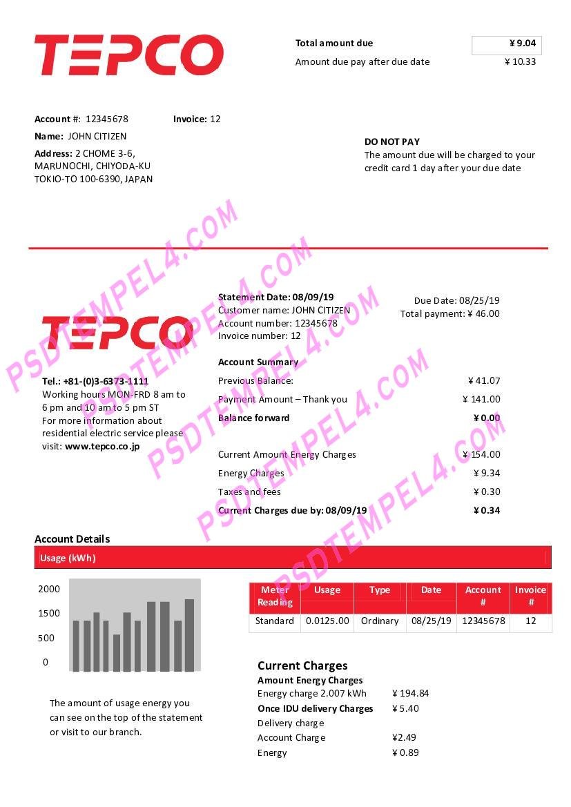 Japan Tokyo Electric Power Company electricity utility bill