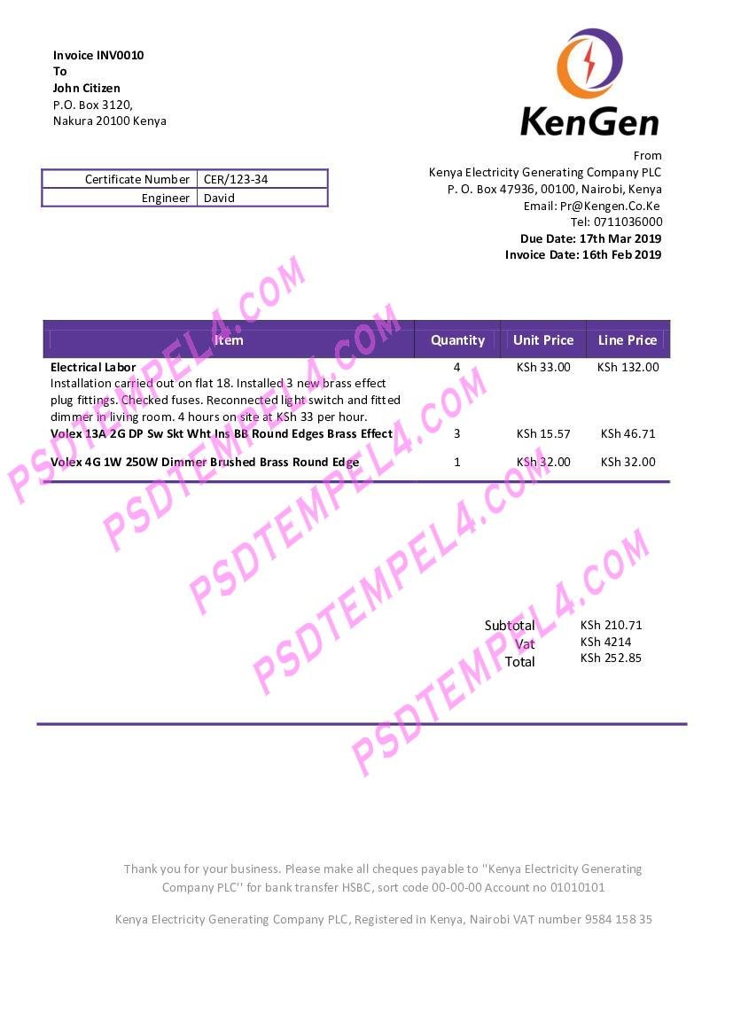 Kenya KenGen Electricity Generating Company utility bill