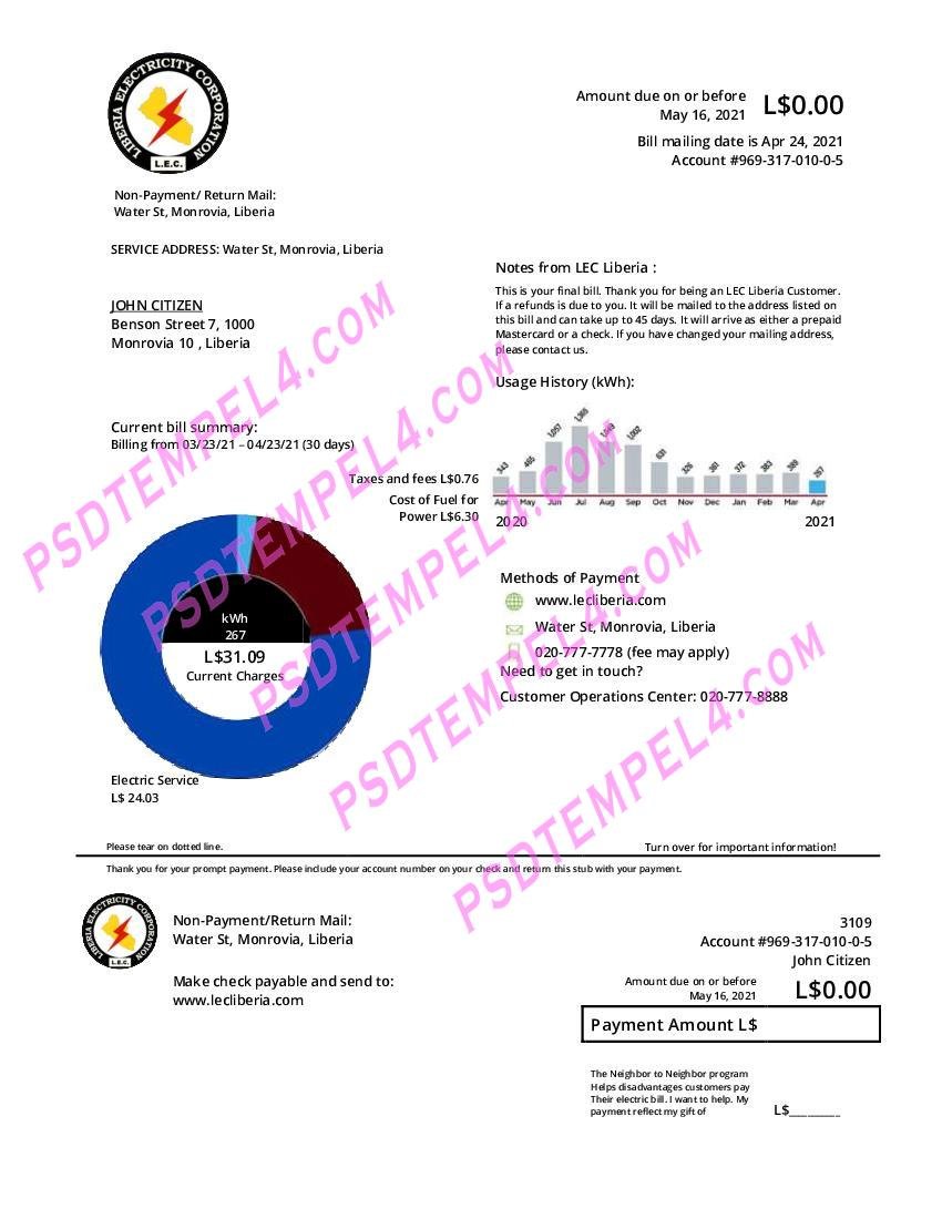 Liberia Electricity Corporation utility bill