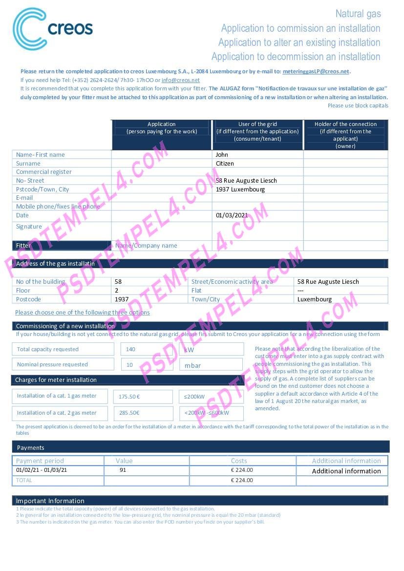 Luxembourg Creos gas utility bill