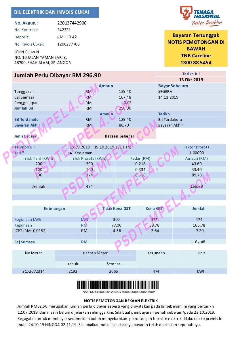 Malaysia Tenaga Nasional electricity utility bill