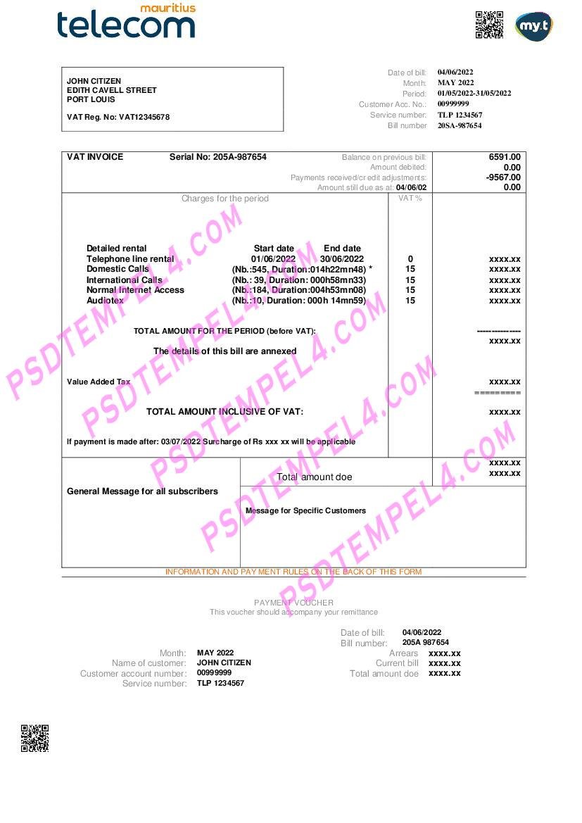 Mauritius Telecom Mauritius utility bill
