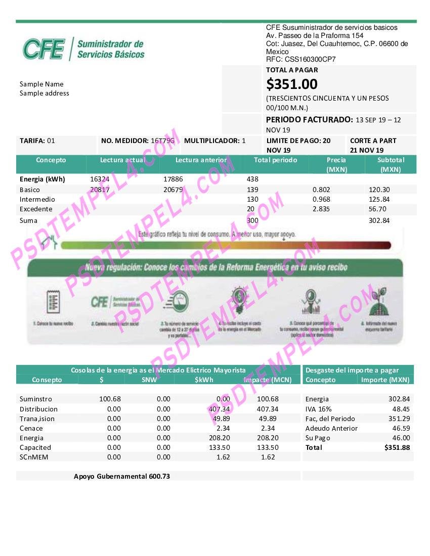 Mexico Federal Electricity Commission (CFE) utility bill