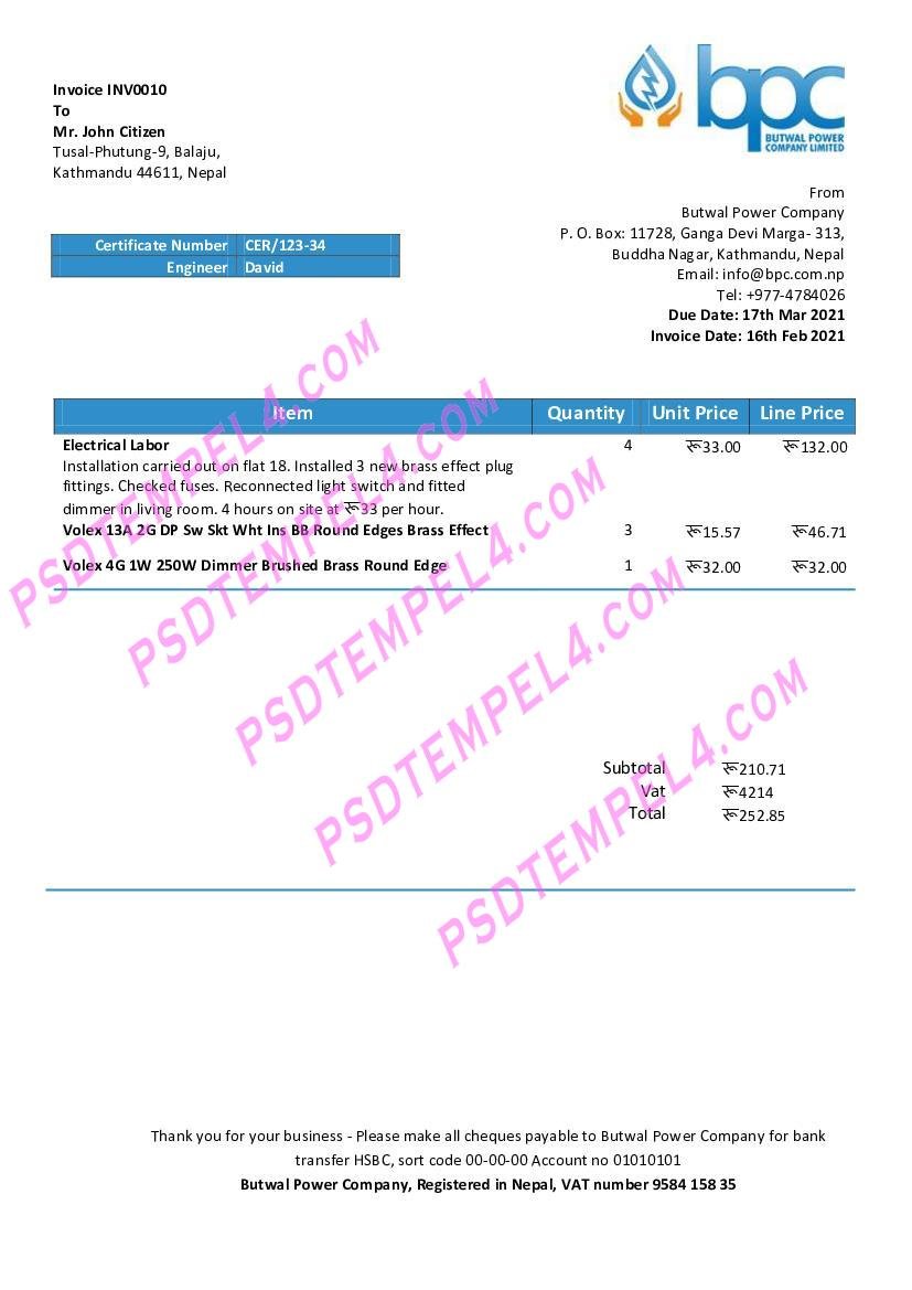 Nepal Butwal Power Company Limited electricity utility bill