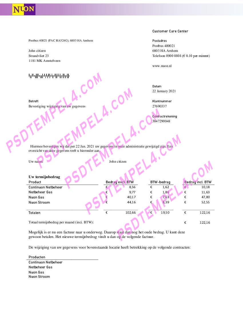 Netherlands Nuon gas utility bill