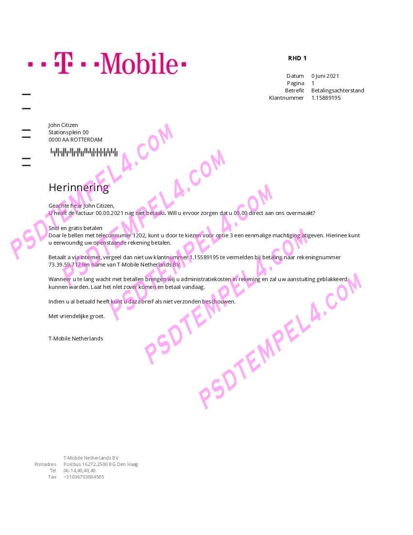 Netherlands T mobile utility bill