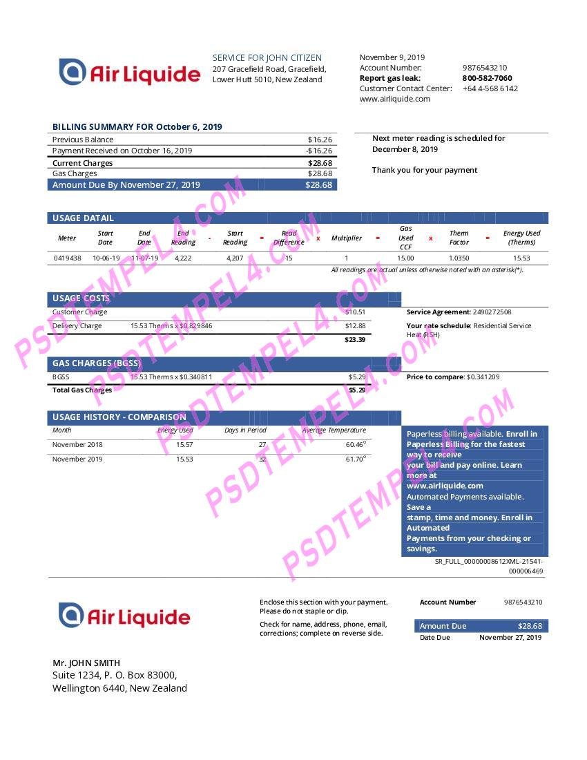 New Zealand Air Liquide gas utility bill