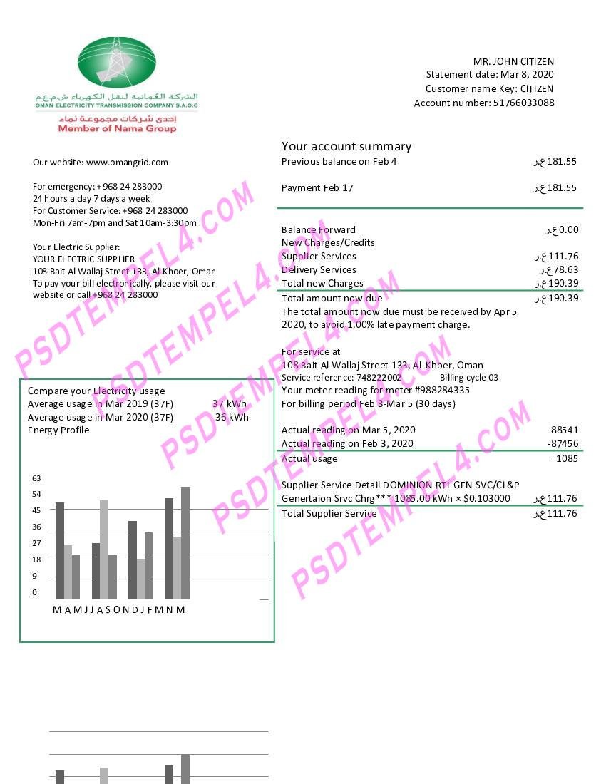 Oman Electricity Transmission Company electricity utility bill