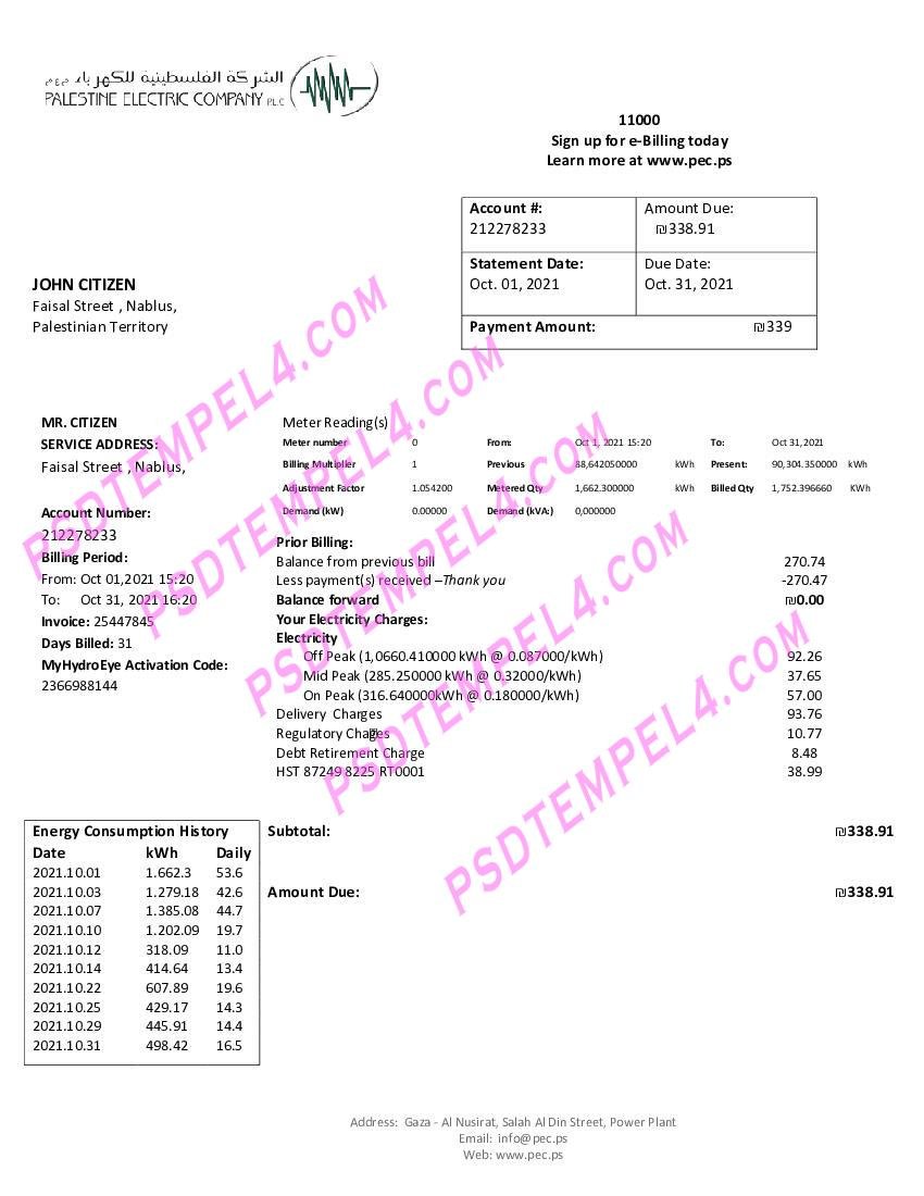 Palestine Electric Company (PEC) utility bill