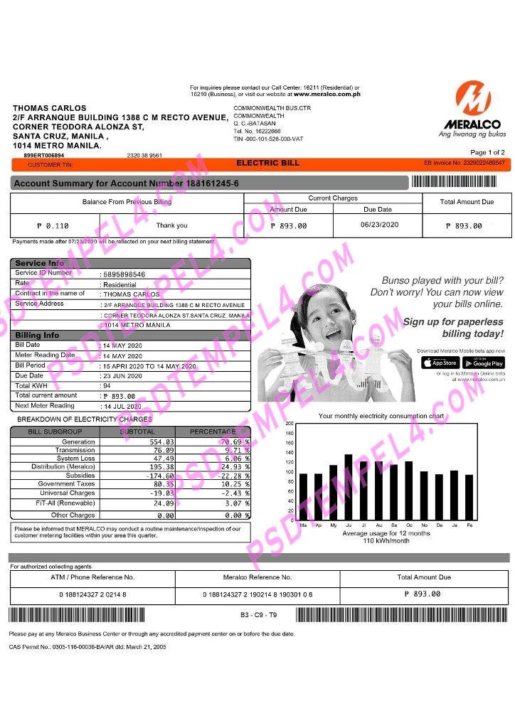 Philippines Meralco electricity PSD utility bill