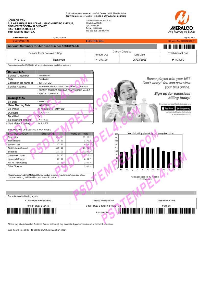 Philippines Meralco electricity utility bill