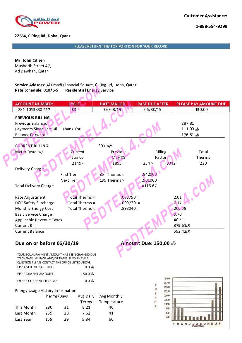 Qatar Power Company QPOWER electricity utility bill