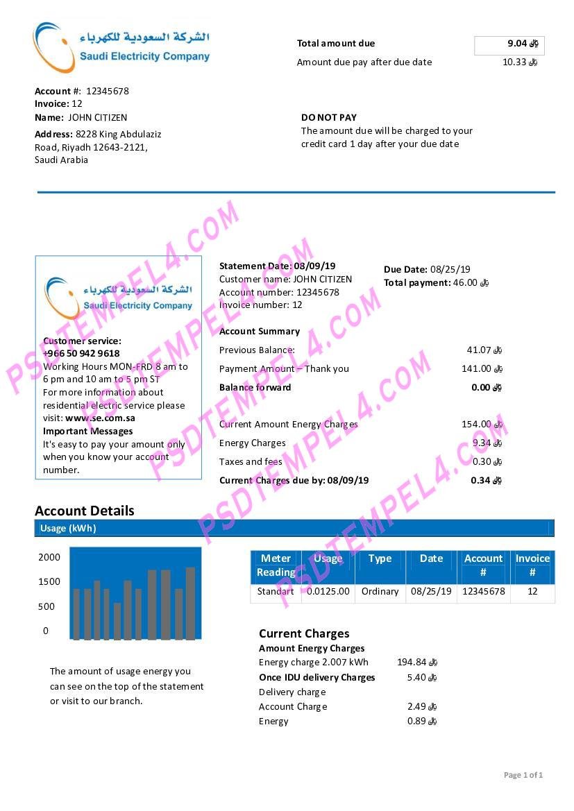 Saudi Arabia Saudi Electricity Company electricity utility bill