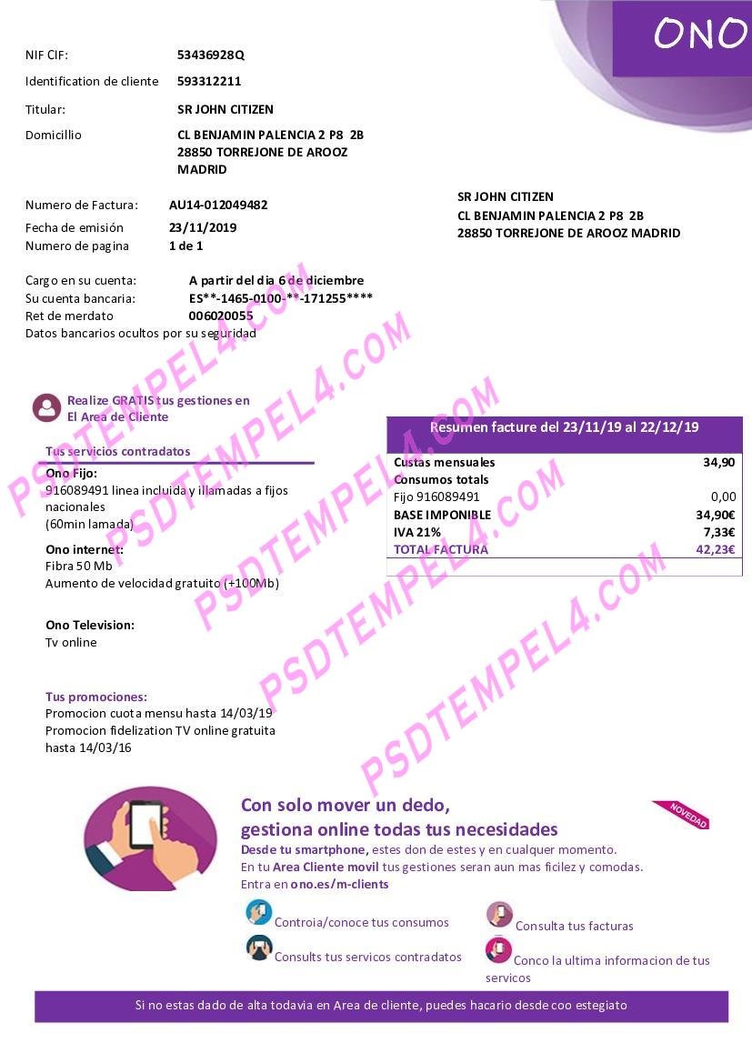 Spain ONO utility bill