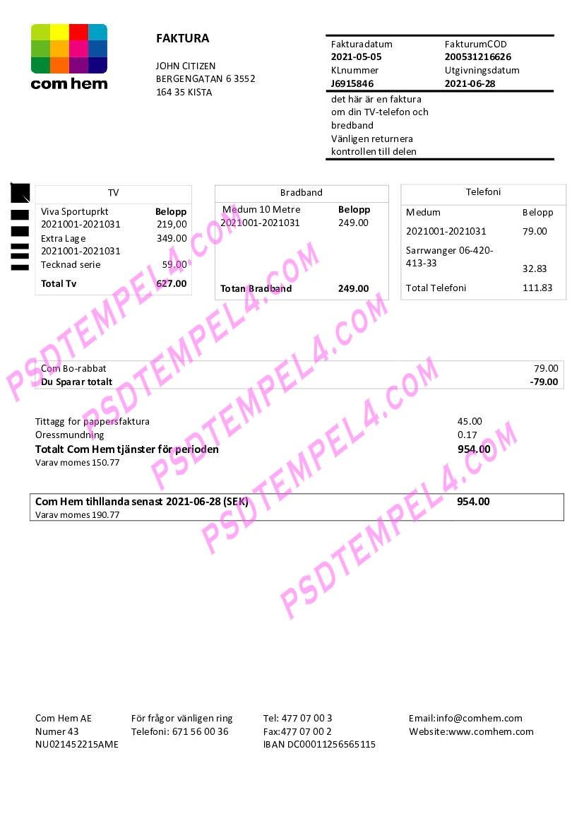 Sweden Com Hem utility bill
