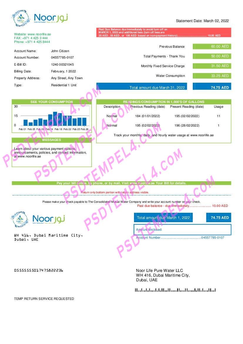 UAE Noor Life Pure Water LLC utility bill