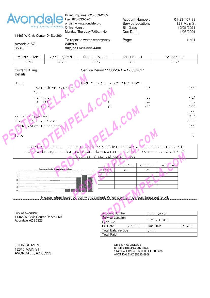USA Arizona The City of Avondale Water utility bill