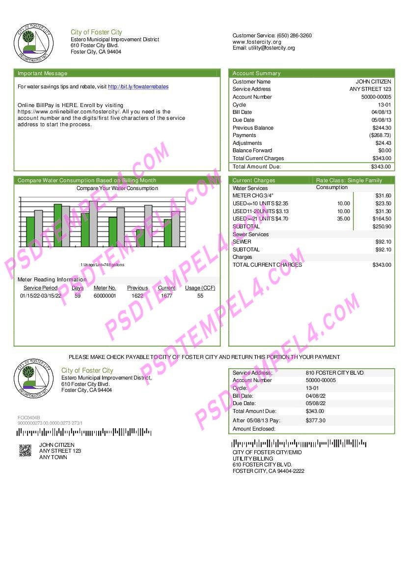 USA California City of Foster City utility bill