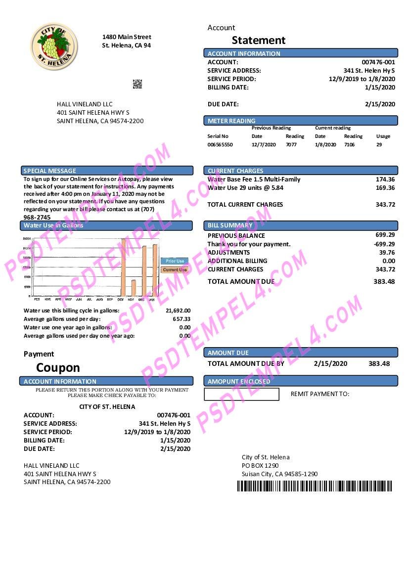 USA California City of St Helena utility bill