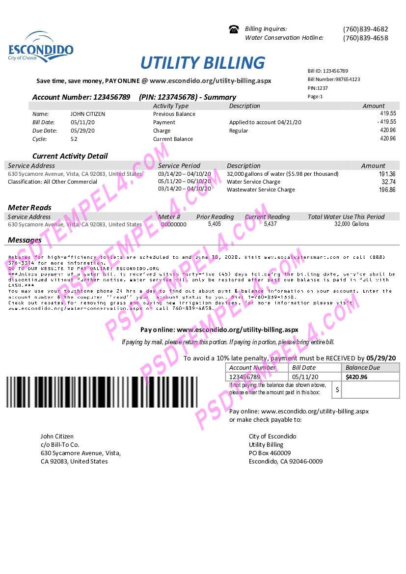 USA California Escondido City of Choice utility bill