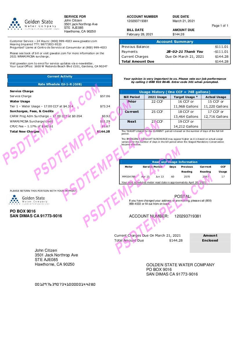 USA California Golden State Water Company utility billple