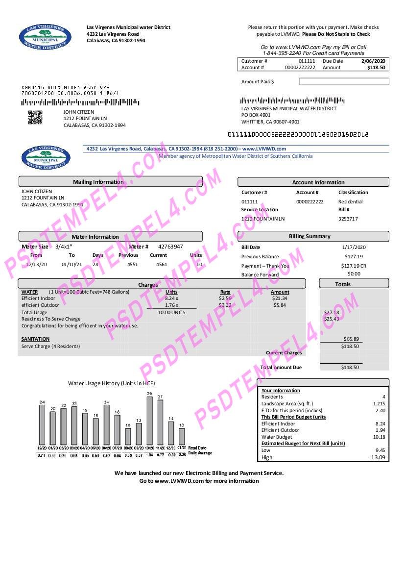 USA California Las Virgenes Municipal Water District utility bill