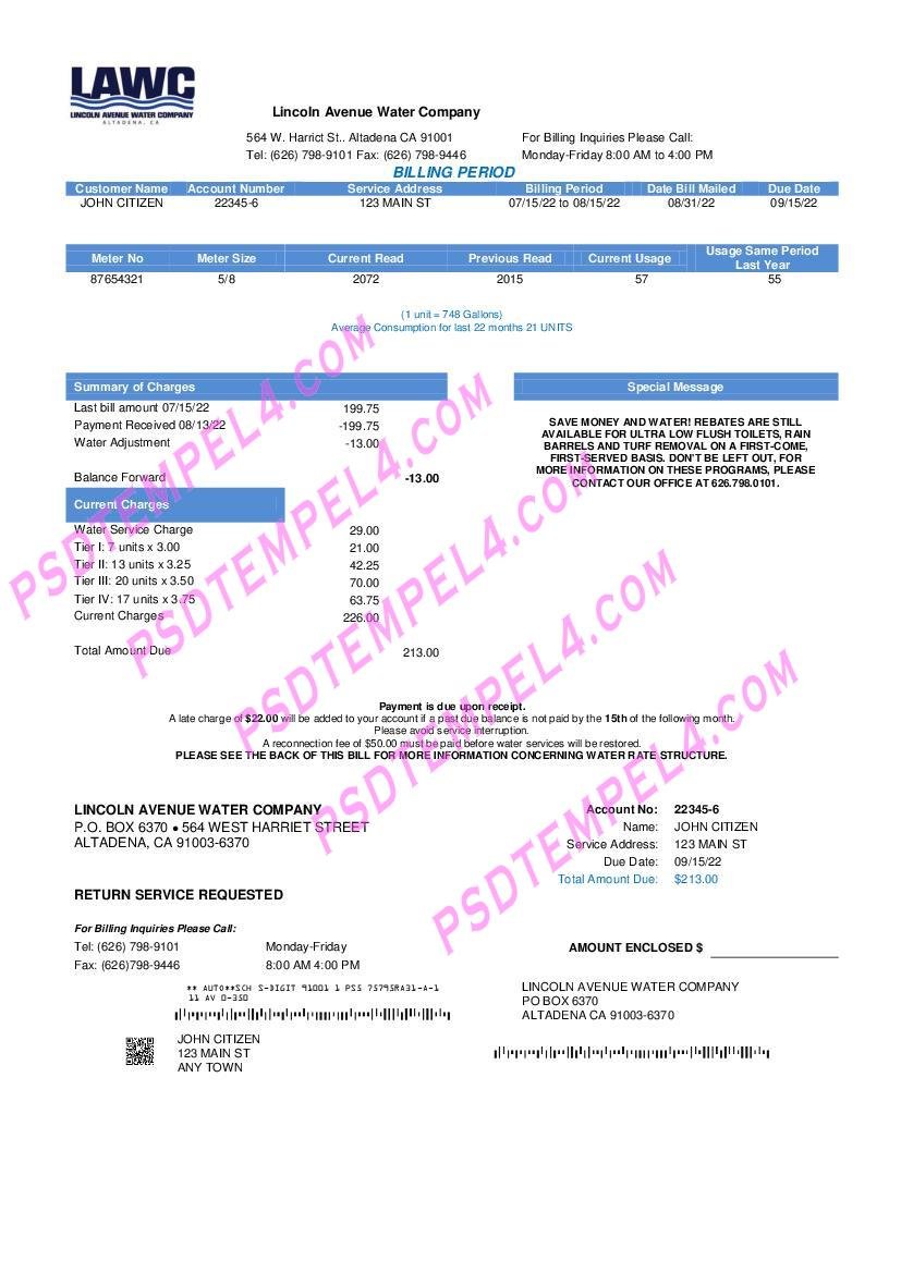 USA California Lincoln Avenue Water Company utility bill
