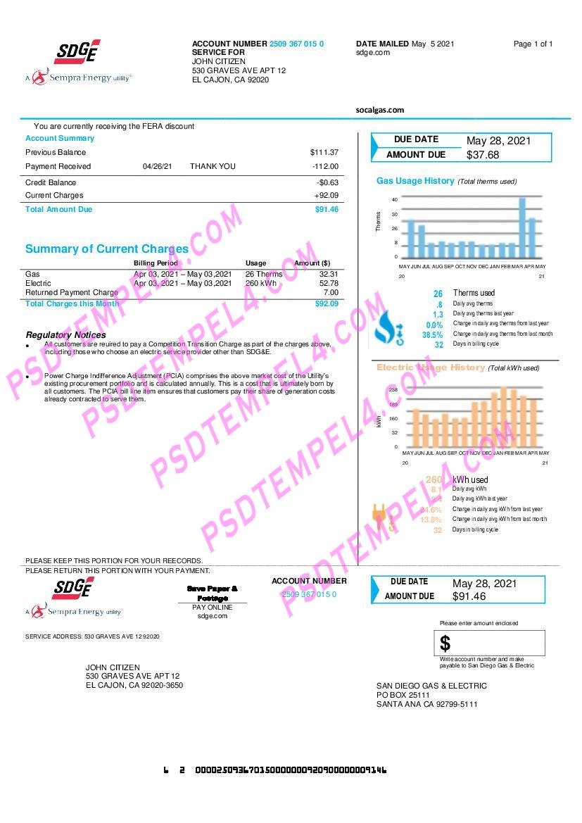 USA California San Diego Gas & Electric (SDG&E) utility bill