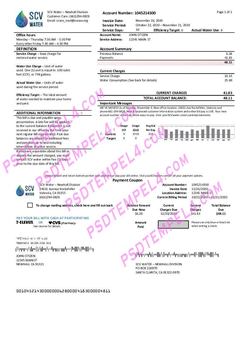 USA California Santa Clarita SCV Water utility bill