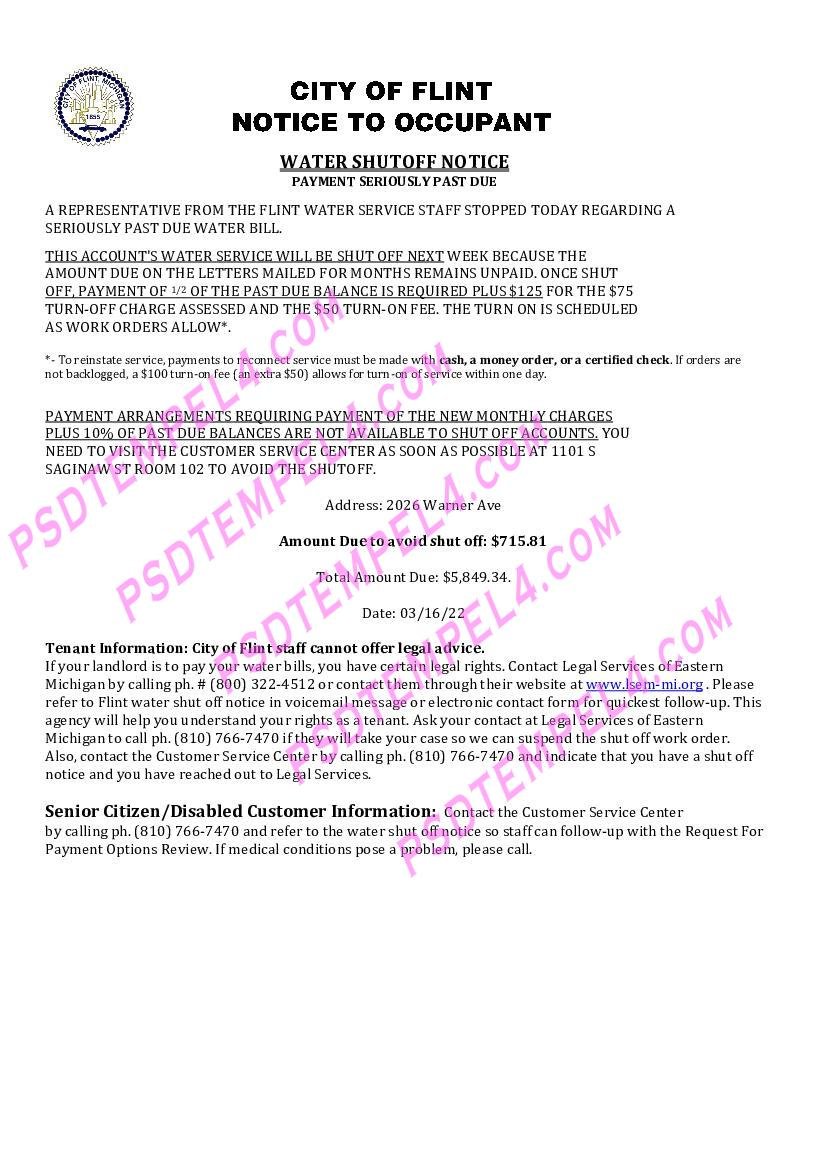USA City of Flint Michigan water utility bille
