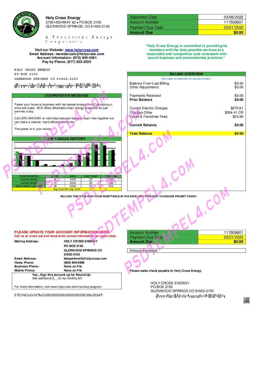 USA Colorado Holy Cross Energy utility bill