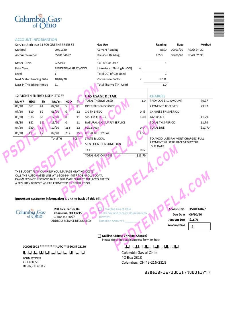 USA Columbia Gas of Ohio utility bille